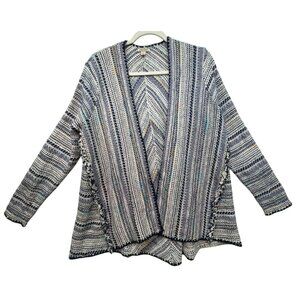 Lucky Brand Womens Woven Knit Cardigan Sweater L Multicolor Blue